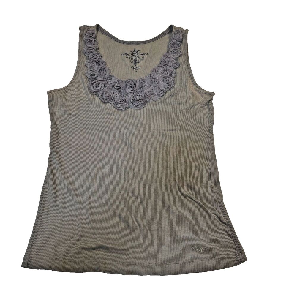 Tommy Hilfiger L Gray Ribbed Tank Top Rosette Applique Y2K 90s Coquette Boho